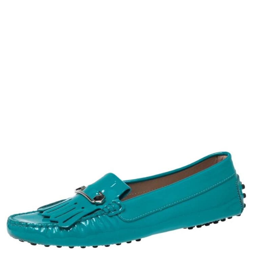 Tod's Vibrant Turquoise Patent Leather Fringe Loafers - Size: 36.5 - Almost New